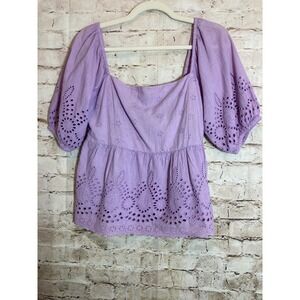 Walter Baker Peasant Top Womens Large Lilac Purple Eyelet Embroidery Puff Sleeve